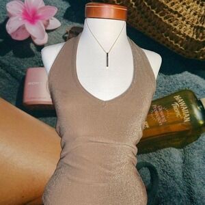 A. BYER California Y2K Gold Sparkling Mesh Halter Top